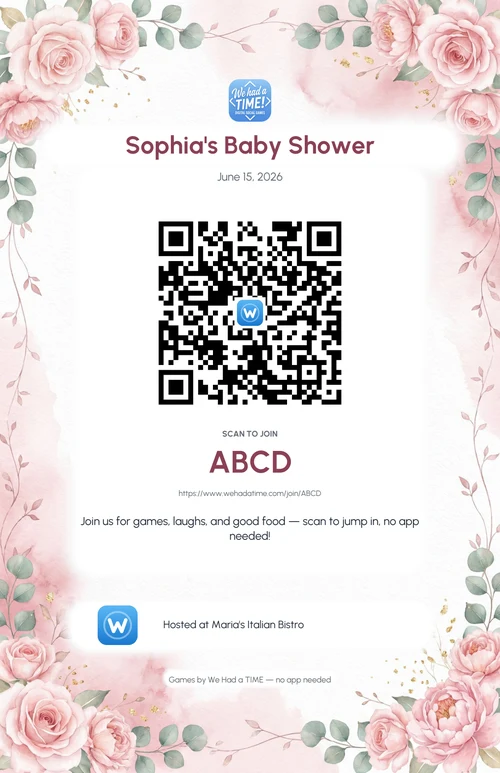 Sample co-branded printable: a QR code flyer reading 'Sophia's Baby Shower, hosted at Maria's Italian Bistro'
